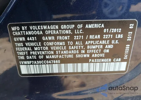 2012 Volkswagen Passat 2.5L Se from USA, damaged, VIN 1VWBP7A30CC047860